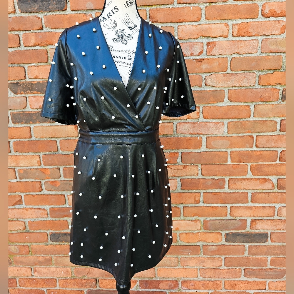 Bamboo Faux Leather Pearl Detail Party Dress – Size M Fit